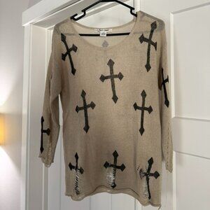 Sans Souci Beige Knit Sweater with Black Crosses – Size S